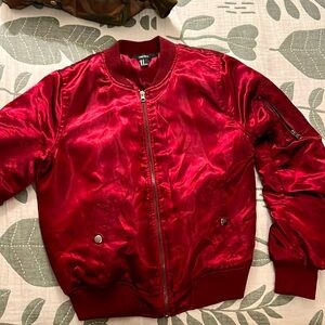 Women’s Bomber Satin Maroon Cozy + Lux - Forever 21 -  Zippered Pockets